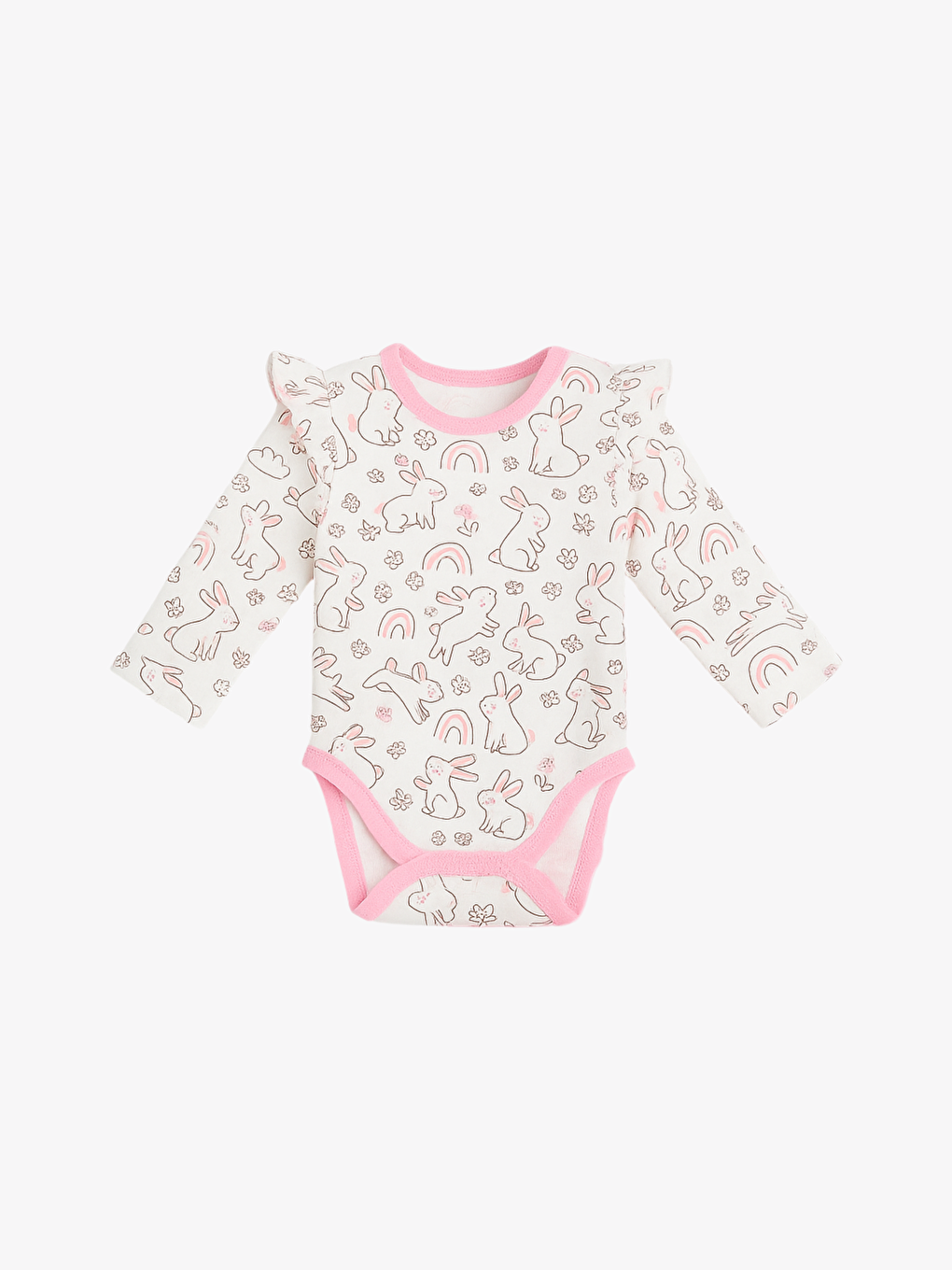 Ekru Bisiklet Yaka Uzun Kollu Baskılı Kız Bebek Çıtçıtlı Body ve Pantolon 2'li Takım-1