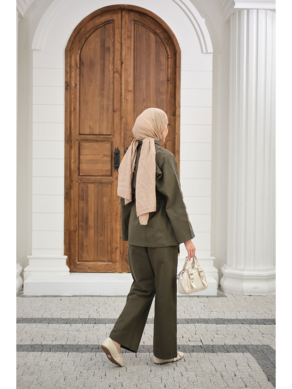 Kadın Boyun Düğme Detay Bel Bağlamalı Jean Takım Haki Yeşil-3