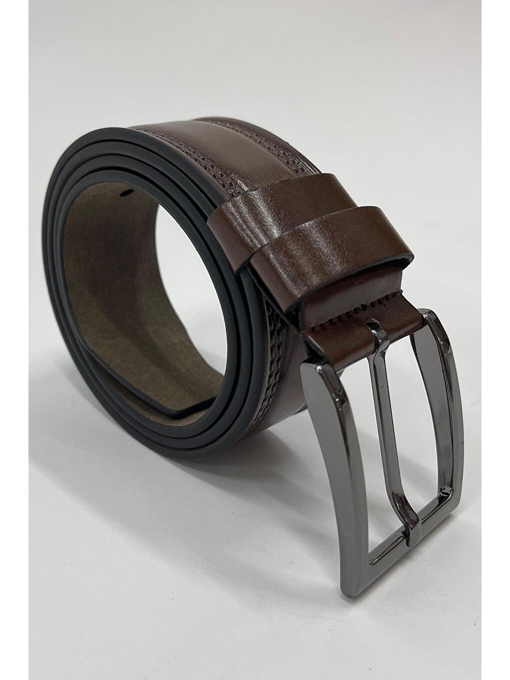 Kahverengi Suni Deri Çift Dikişli Düz Erkek Kemer 7221-1