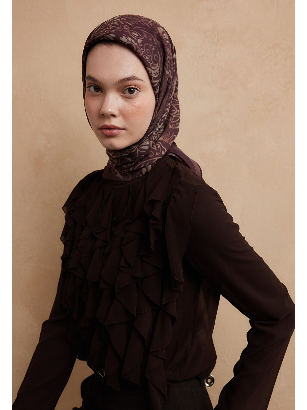 Mürdüm Fressıa Desen Pamuk İpek Eşarp Erik Çürüğü-2