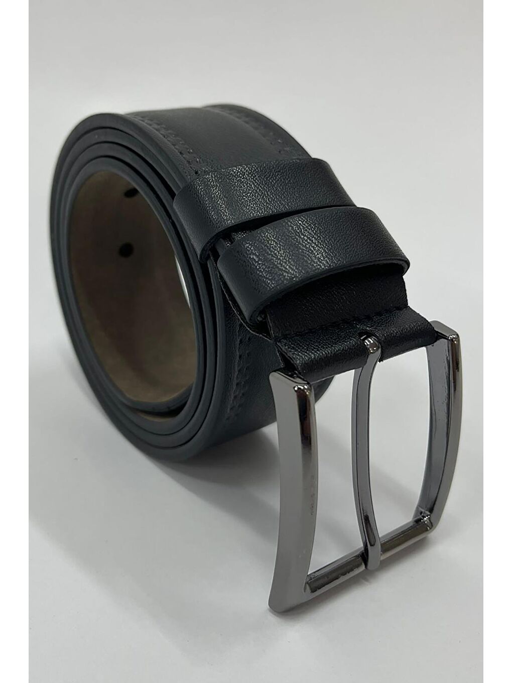 Siyah Suni Deri Çift Dikişli Düz Erkek Kemer 7221-1