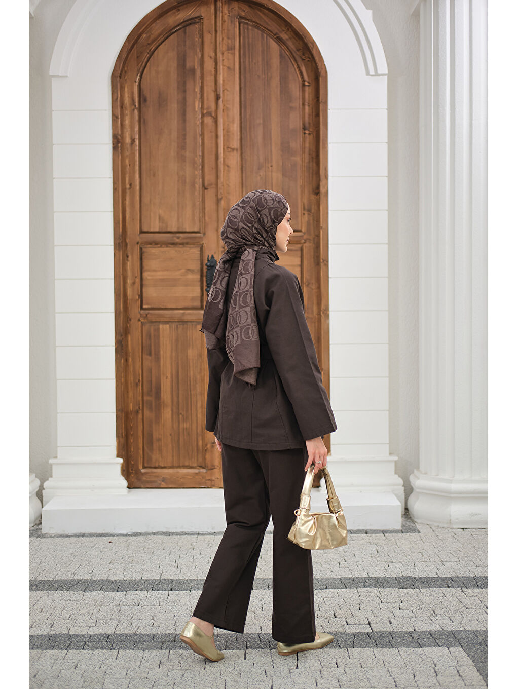 Kadın Boyun Düğme Detay Bel Bağlamalı Jean Takım Kahverengi-2