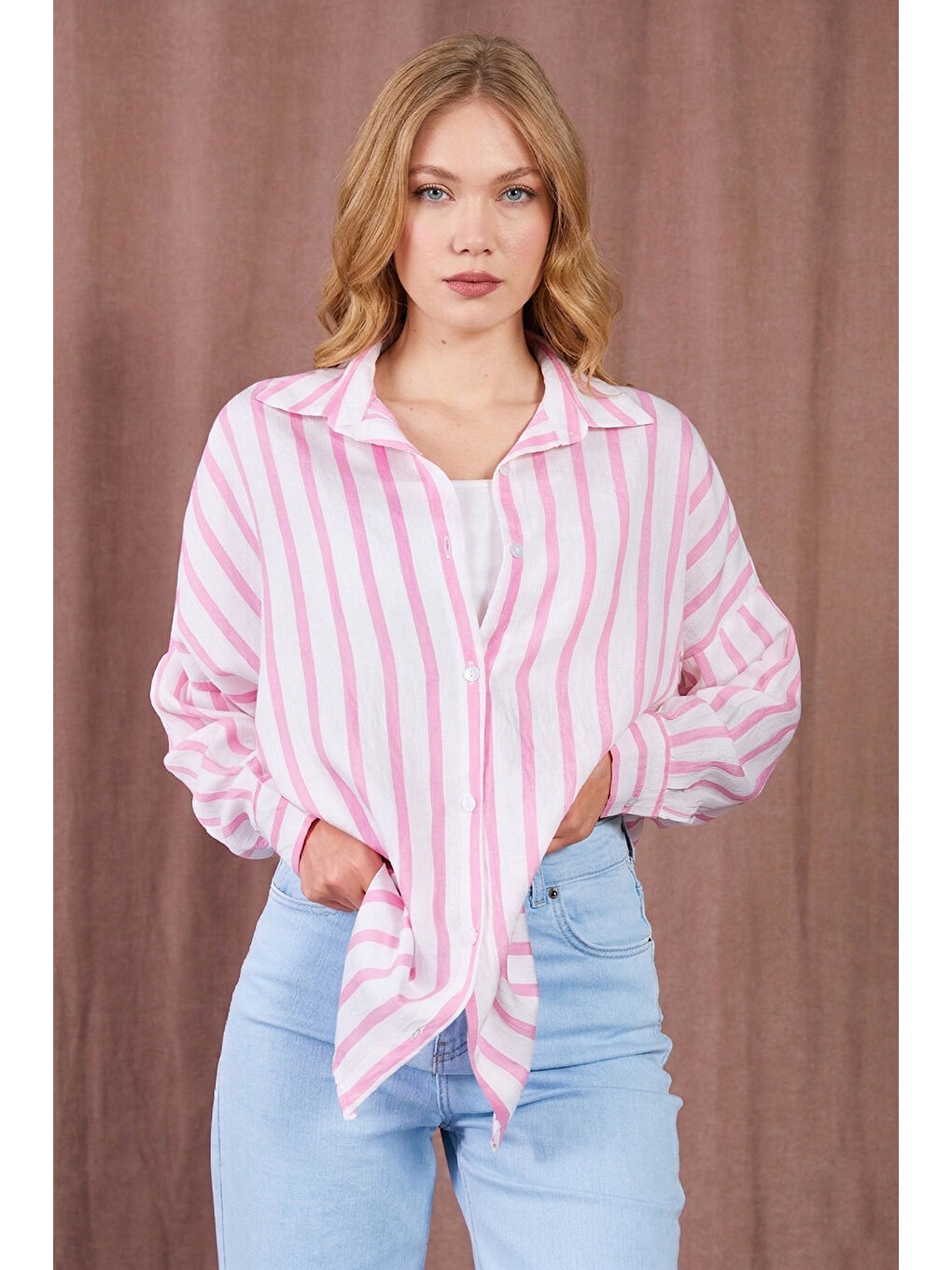 Pembe Çizgili Oversize Gömlek-1