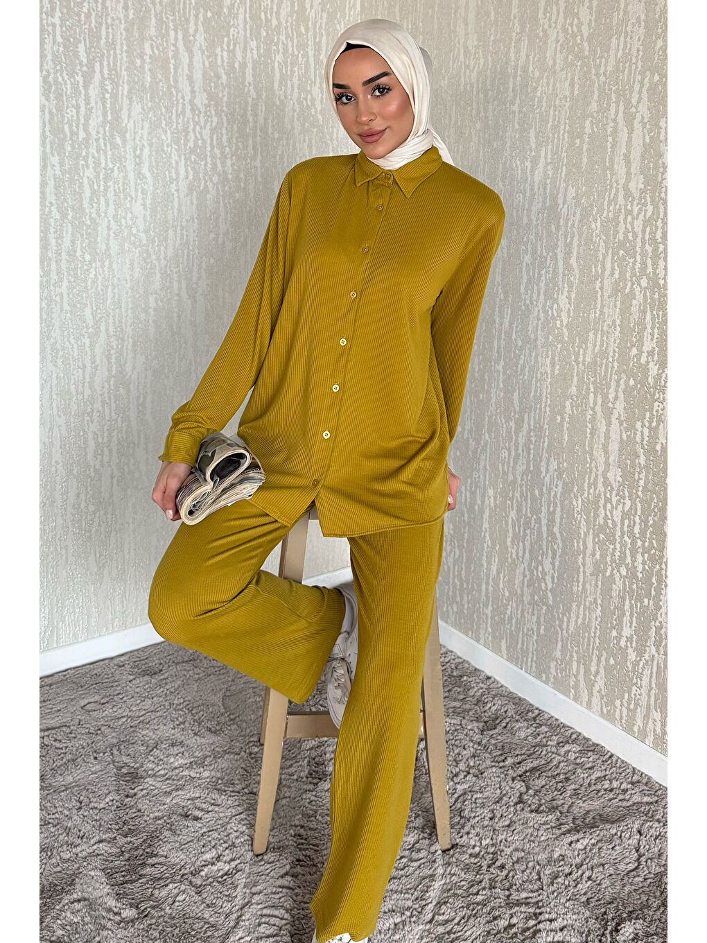 Yeşil Fitilli Gömlek Pantolon Tesettür İkili Takım