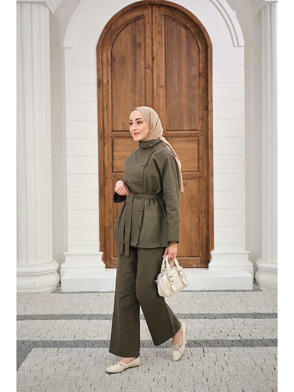 Kadın Boyun Düğme Detay Bel Bağlamalı Jean Takım Haki Yeşil-4