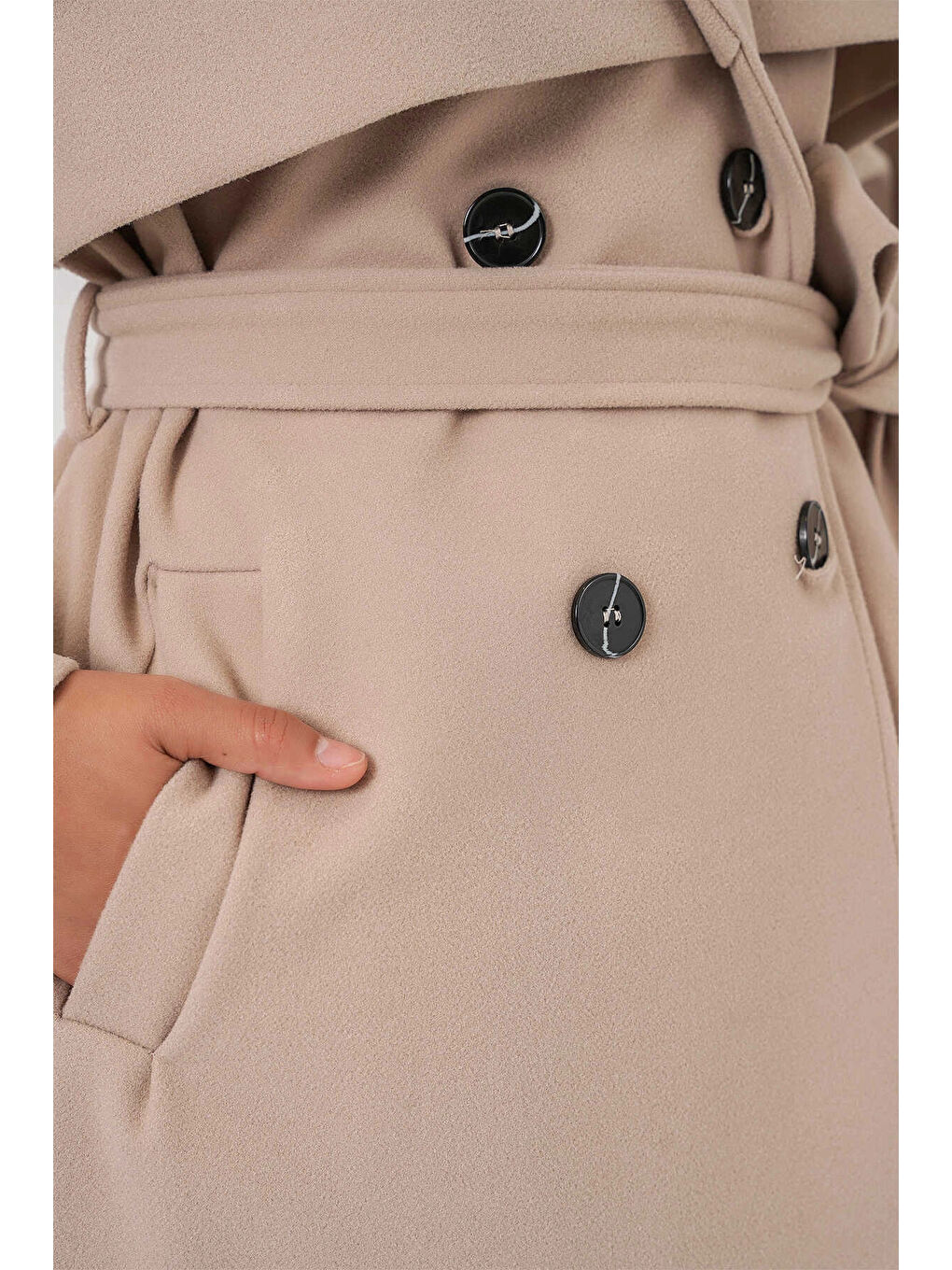 Bej Kadın Bisküvi Premium Midi Boy Astarlı Kaşe Kaban HZL25W-BD191571-3