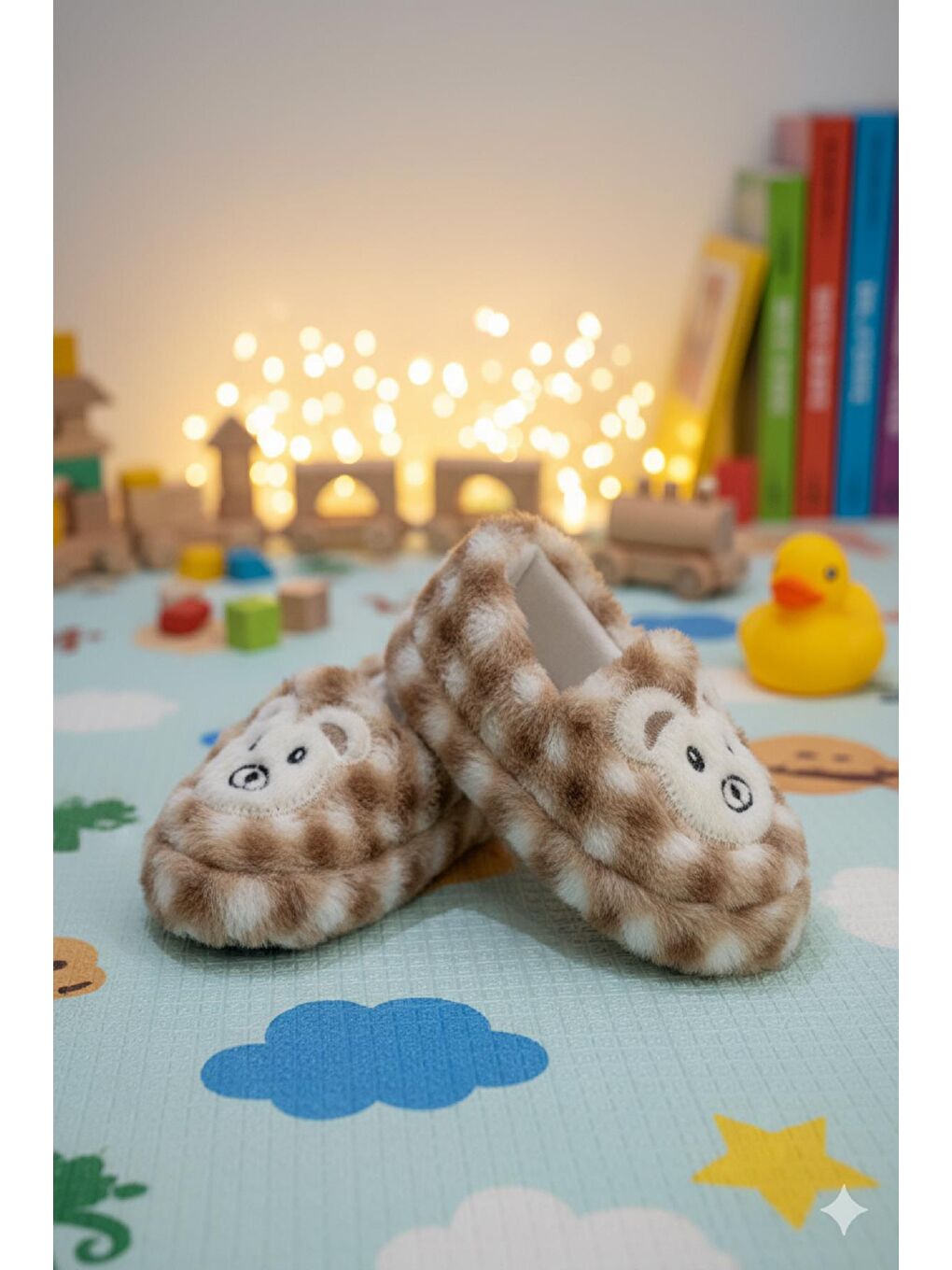 Kahverengi Dama Desenli Kaydırmaz Taban Kreş Ev Okul Ayakkabısı Bebek Çocuk Panduf Ev Botu