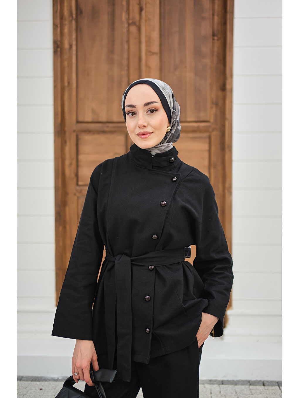 Kadın Boyun Düğme Detay Bel Bağlamalı Jean Takım Siyah-1