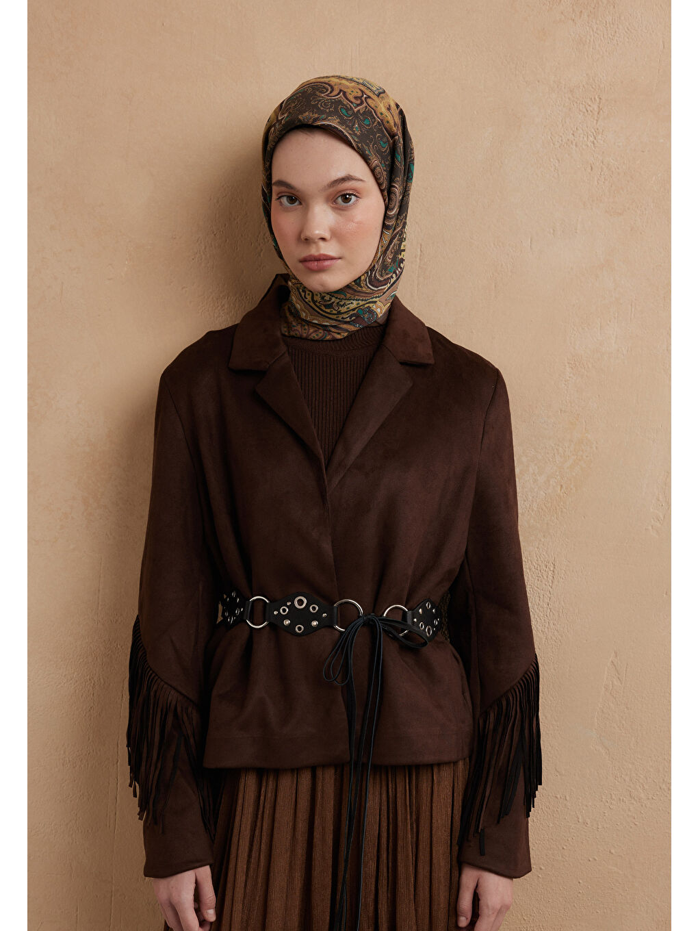 Kahverengi Vera Desen Pamuk İpek Eşarp Sıcak Kahve-2