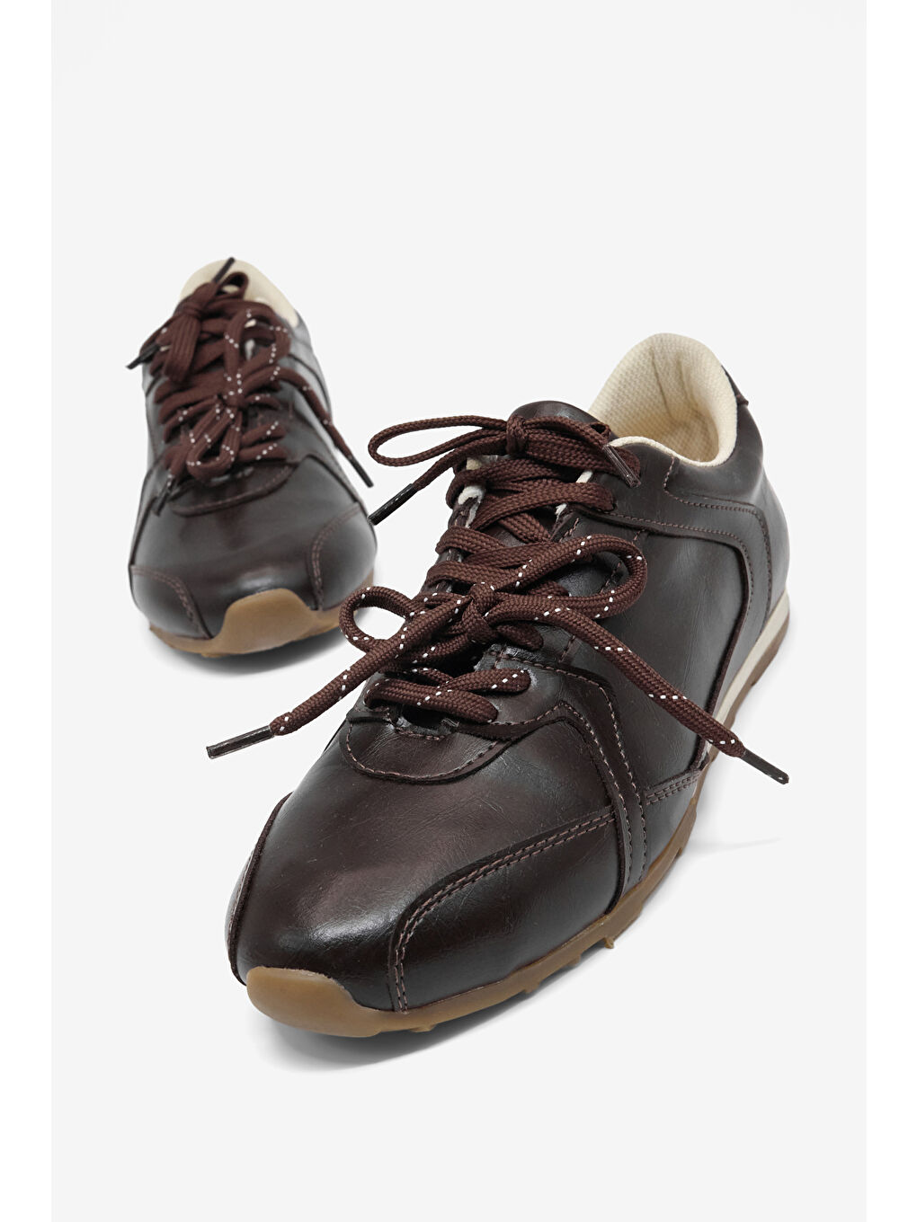 Kahverengi Kadın Kahve Cilt Kauçuk Taban Nefes Alabilen Bağcıklı Sneaker