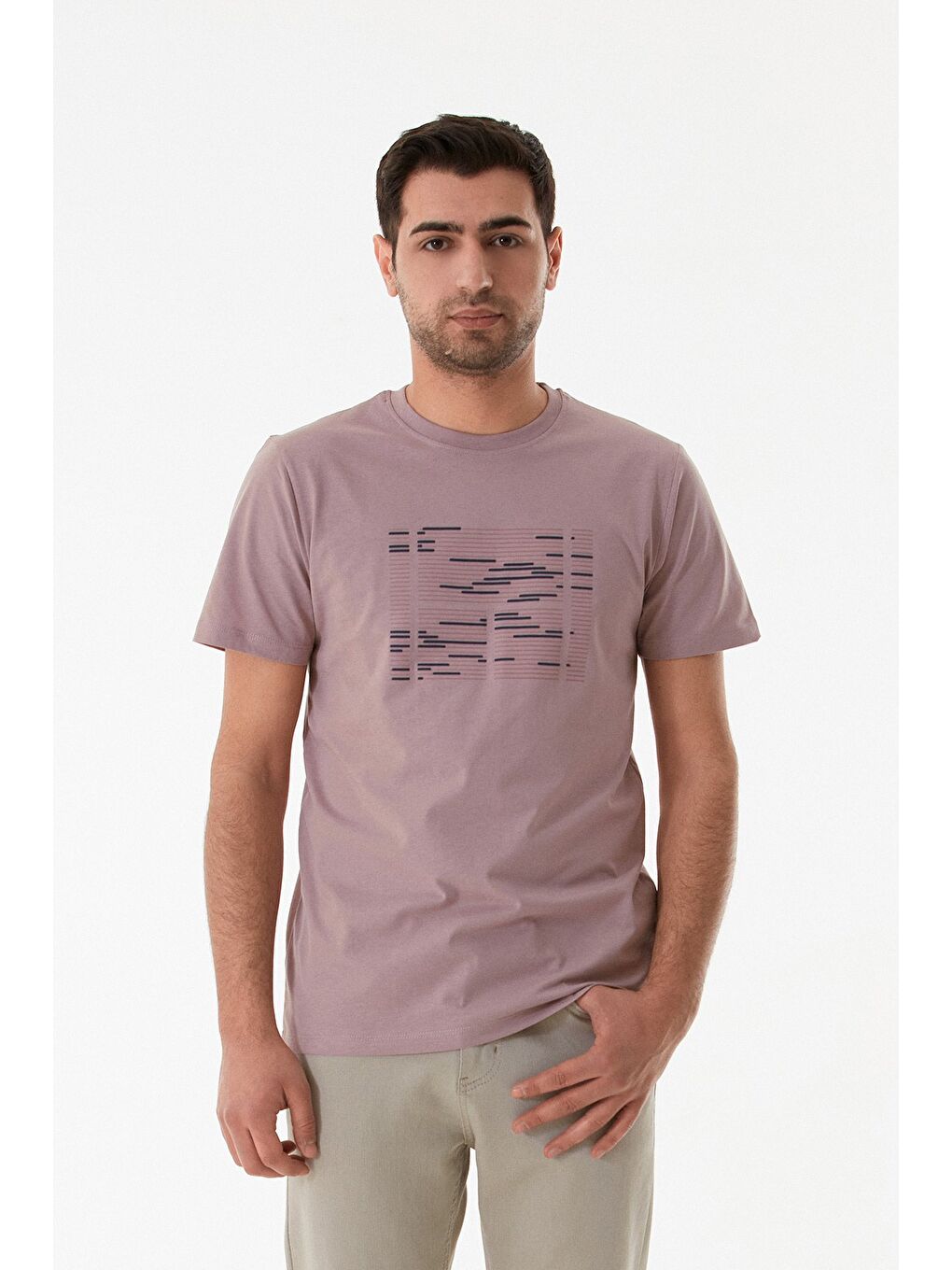 Pembe Kabartma Baskılı Bisiklet Yaka Tişört