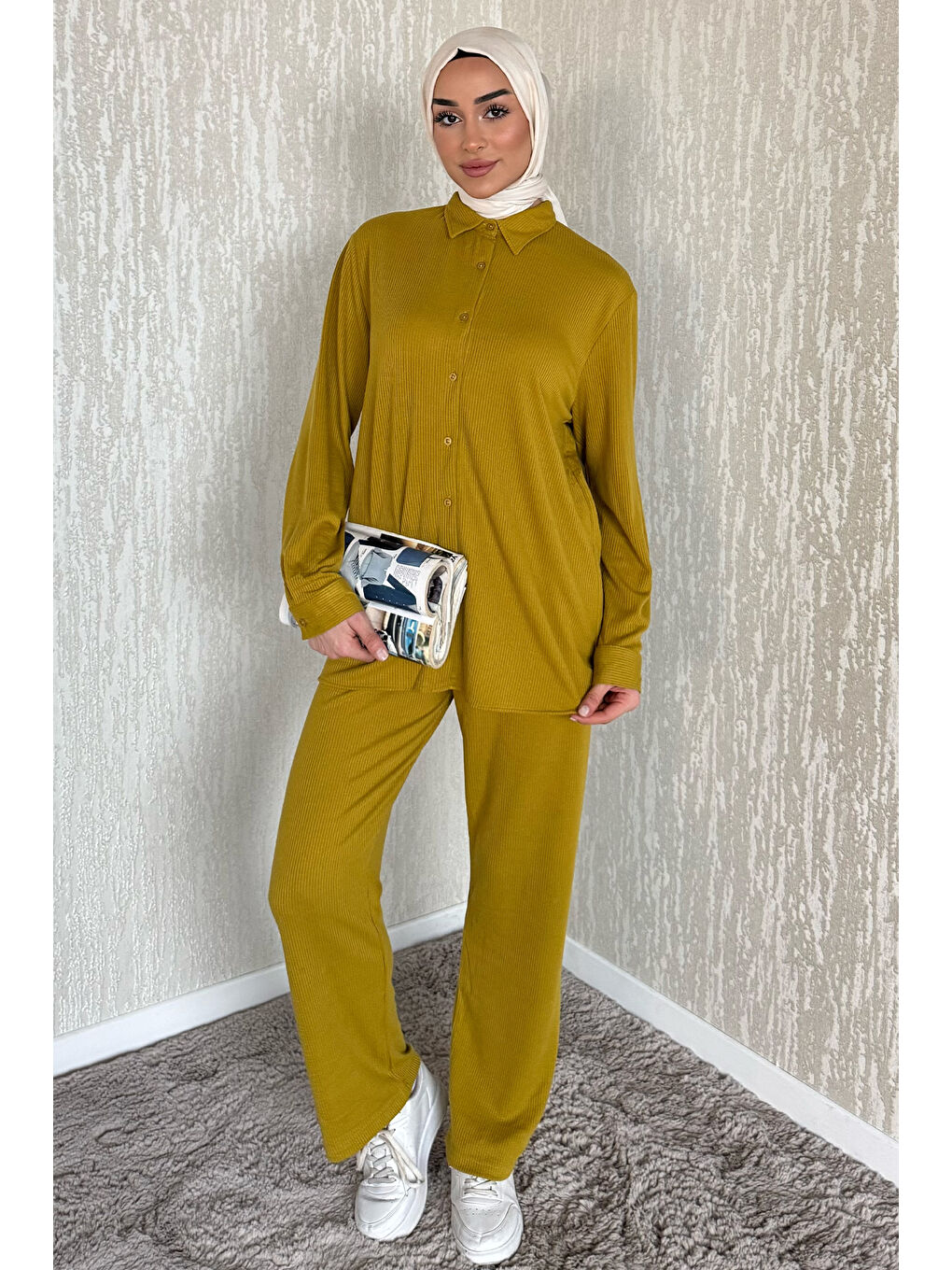 Yeşil Fitilli Gömlek Pantolon Tesettür İkili Takım-3