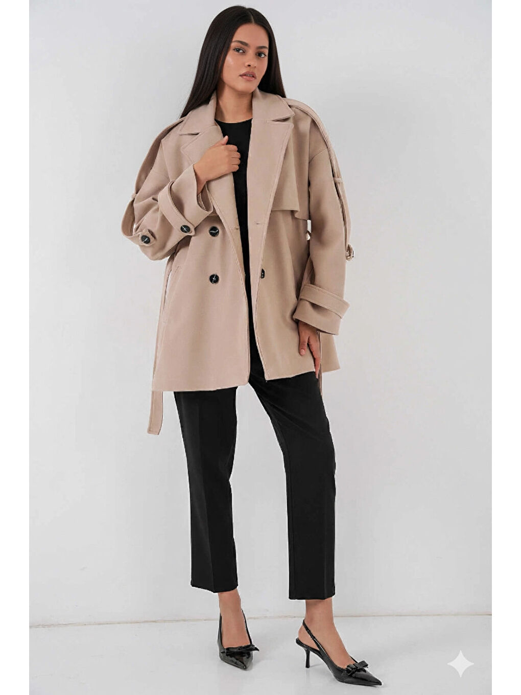 Bej Kadın Bisküvi Premium Midi Boy Astarlı Kaşe Kaban HZL25W-BD191571-4