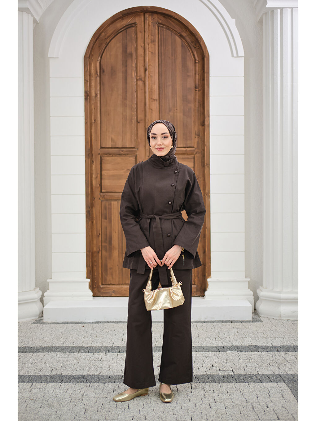 Kadın Boyun Düğme Detay Bel Bağlamalı Jean Takım Kahverengi-4