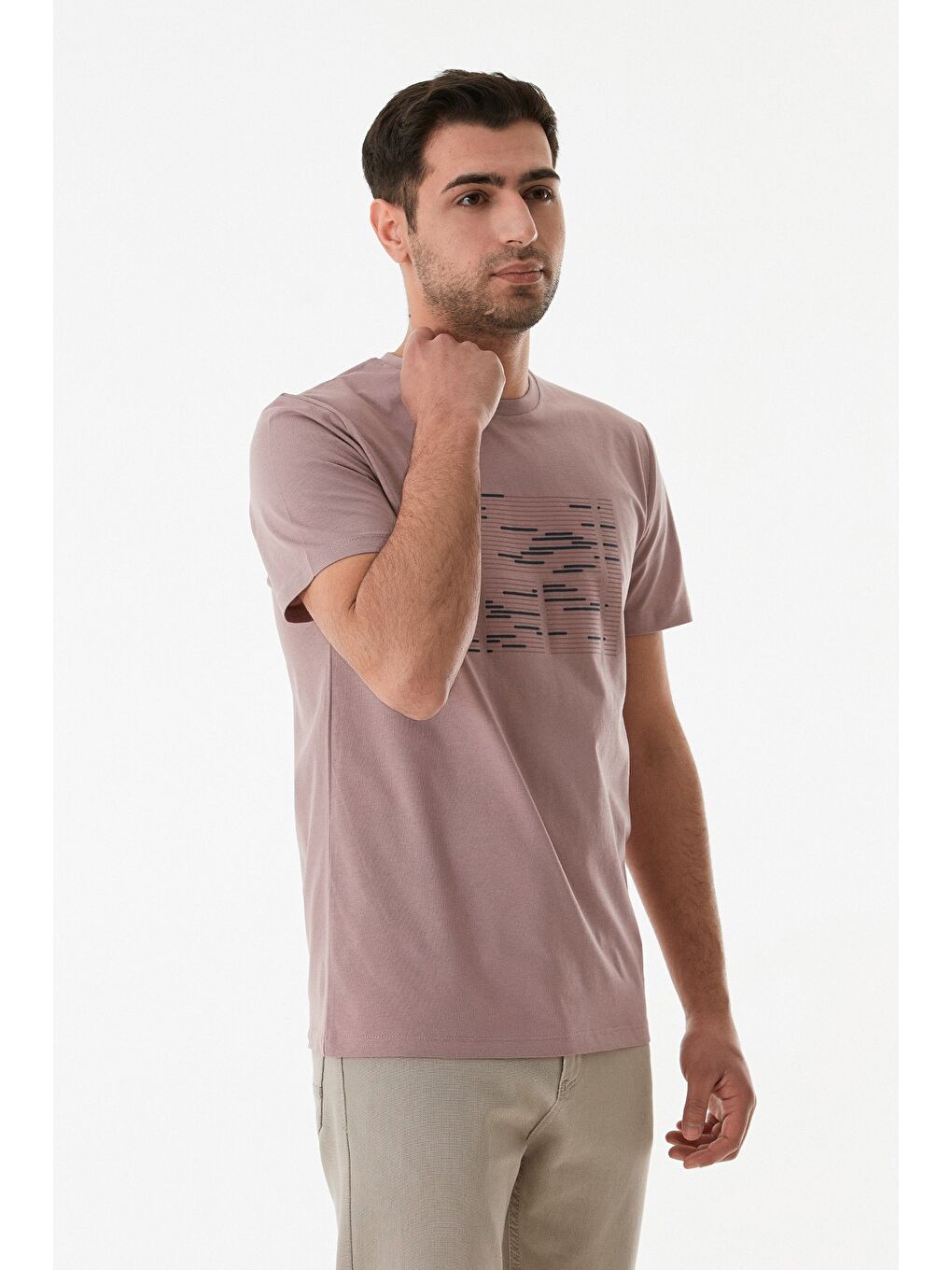 Pembe Kabartma Baskılı Bisiklet Yaka Tişört-2