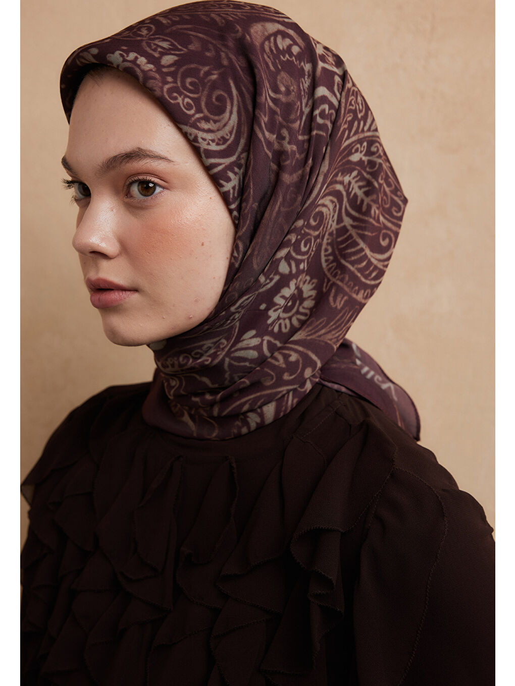 Mürdüm Fressıa Desen Pamuk İpek Eşarp Erik Çürüğü-3