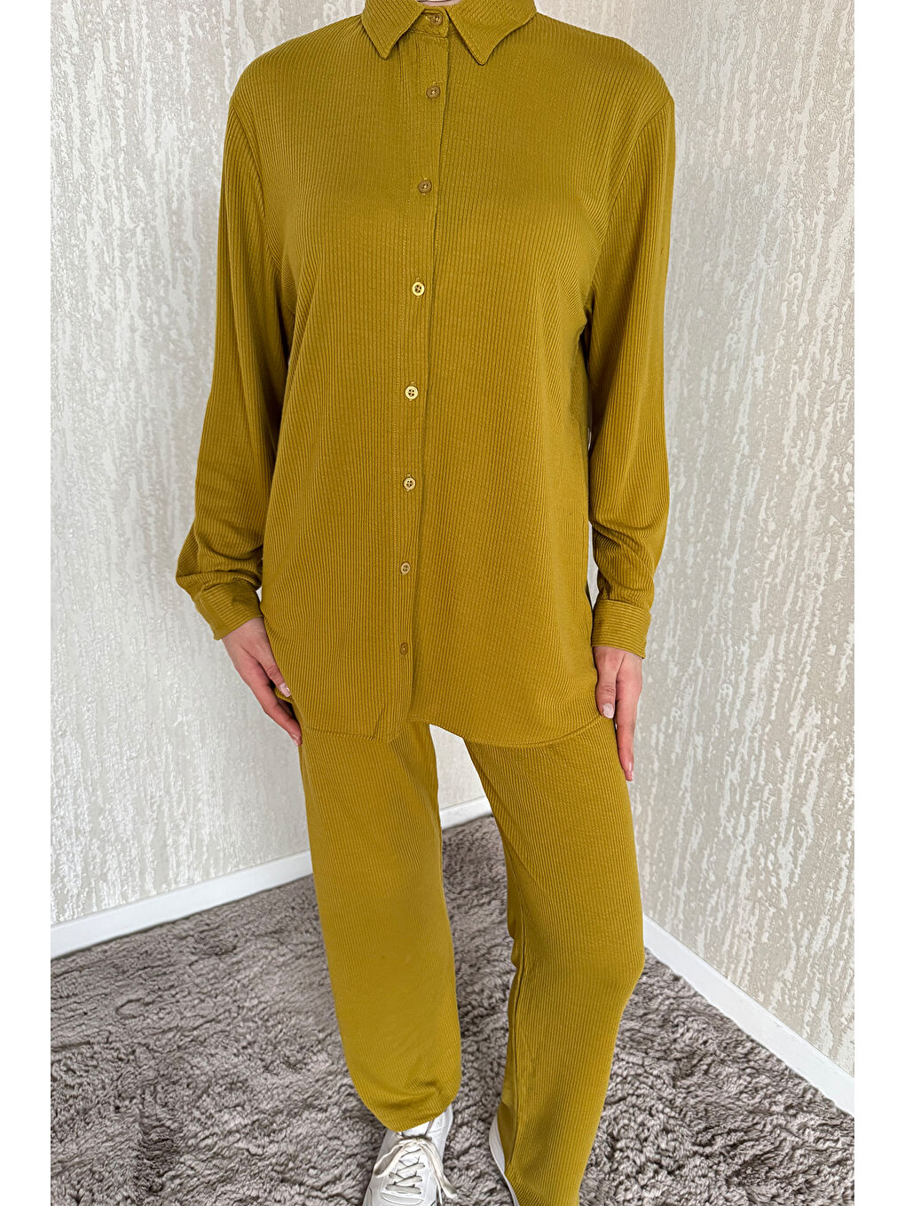 Yeşil Fitilli Gömlek Pantolon Tesettür İkili Takım-4