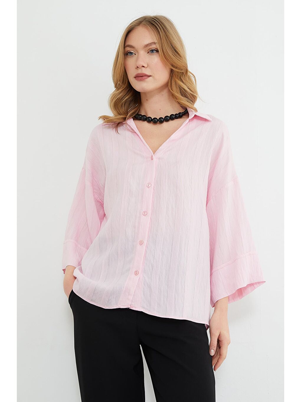 Pembe Çizgili Kapri Kol Salaş Gömlek-1