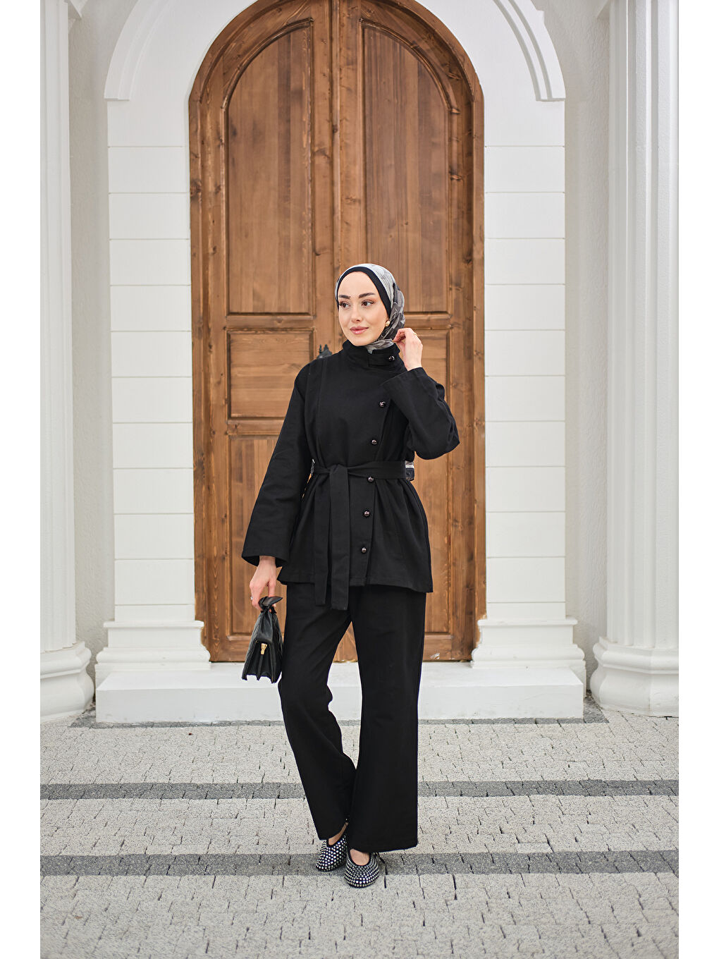 Kadın Boyun Düğme Detay Bel Bağlamalı Jean Takım Siyah-2