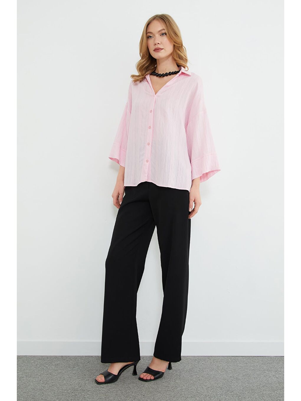 Pembe Çizgili Kapri Kol Salaş Gömlek-2
