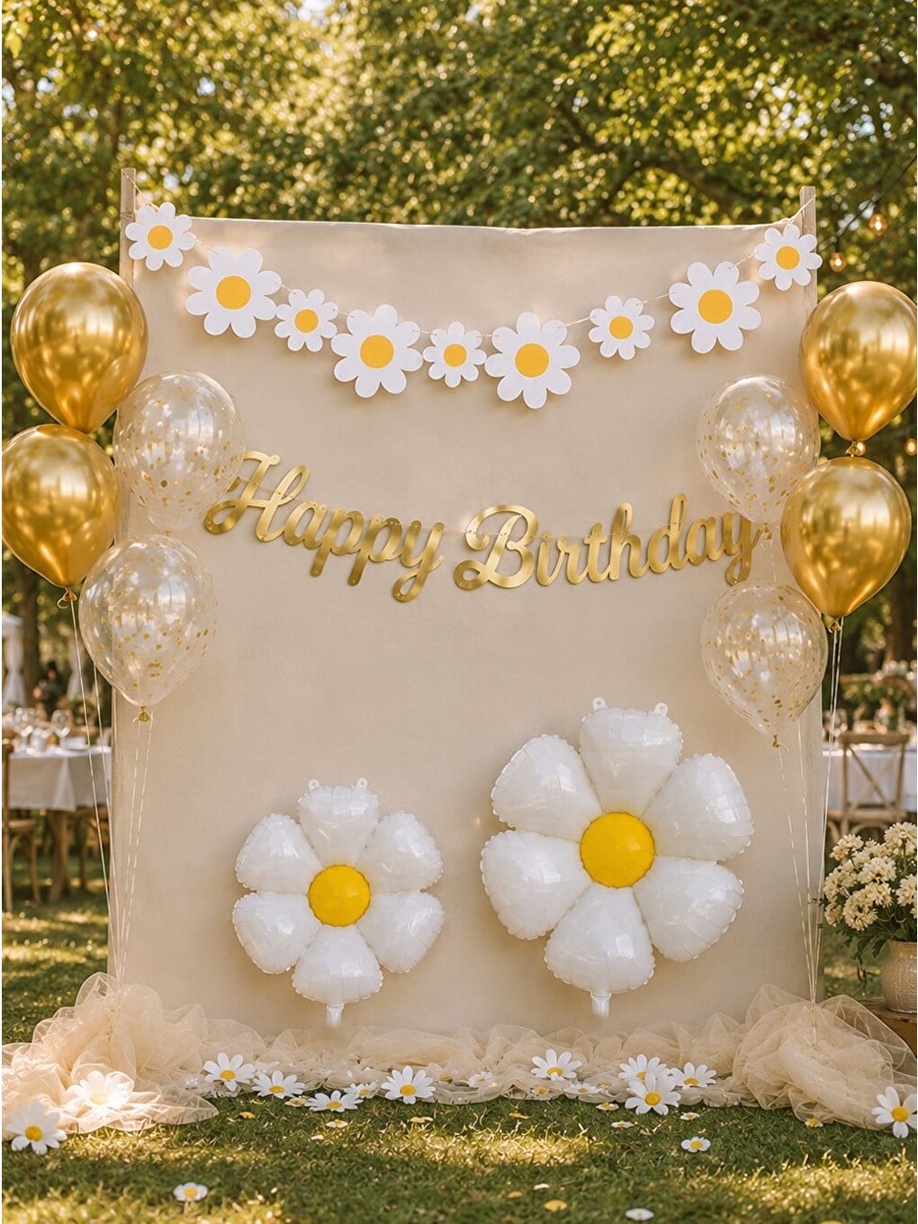 Karışık Papatya Konsept Doğum Günü Süsleme Seti Gold Happy Birthday Yazılı