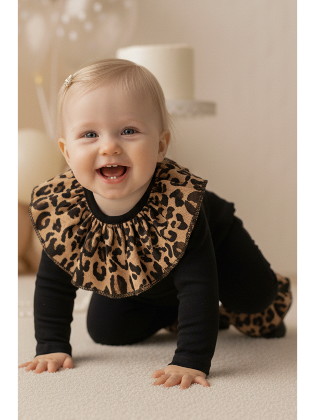 Siyah Kız Çocuk Leopar Yakalı Çıtçıt Detaylı Tulum Salopet-1
