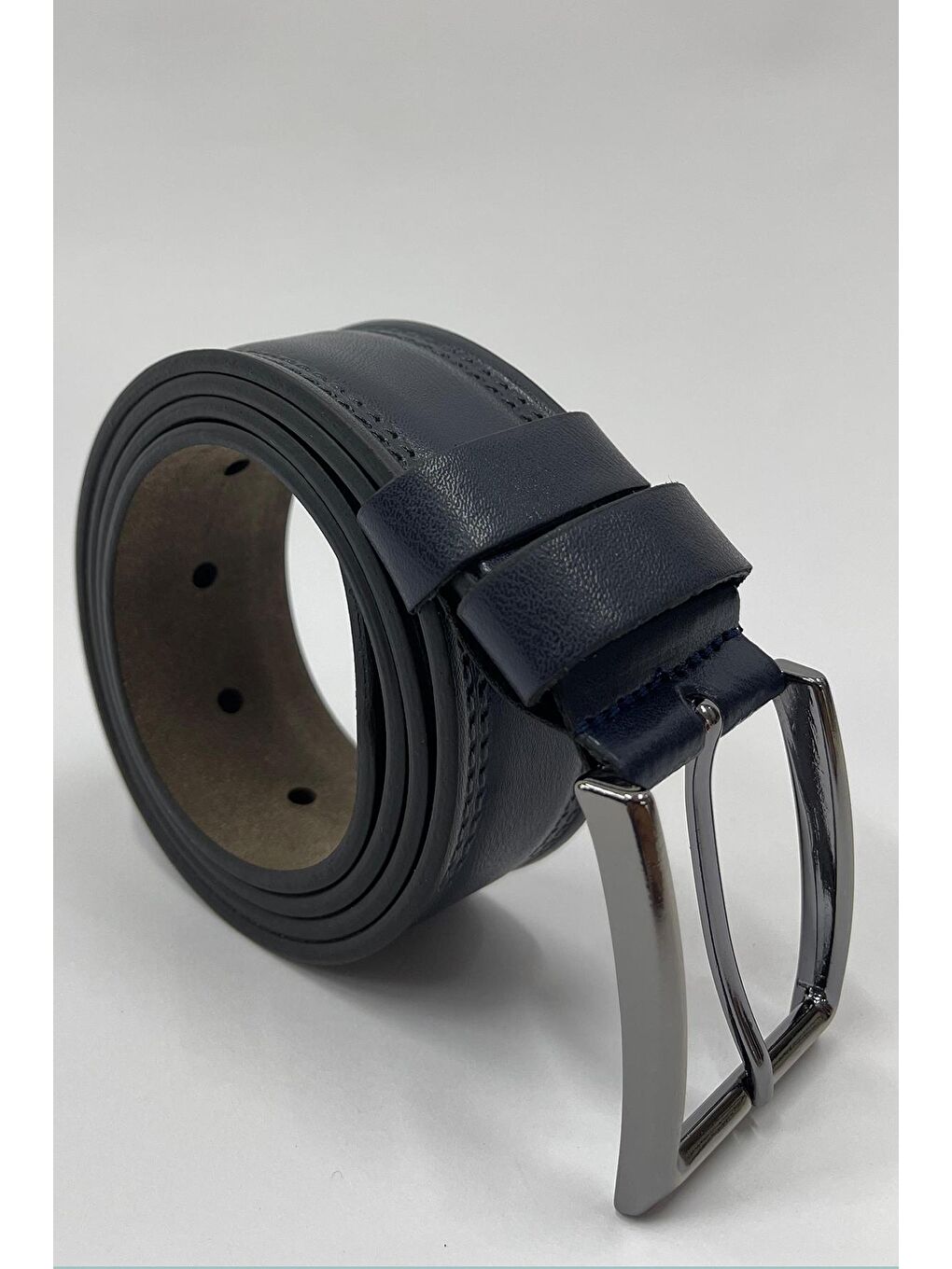 Lacivert Suni Deri Çift Dikişli Düz Erkek Kemer 7221-1