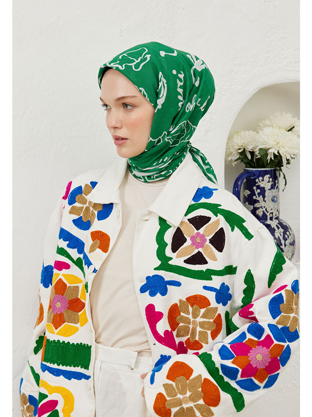 Summer Vibes Desen Pamuk Vual Eşarp Yeşil-1