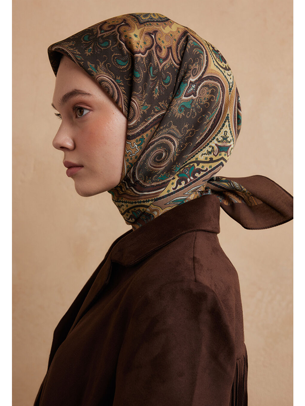 Kahverengi Vera Desen Pamuk İpek Eşarp Sıcak Kahve-3