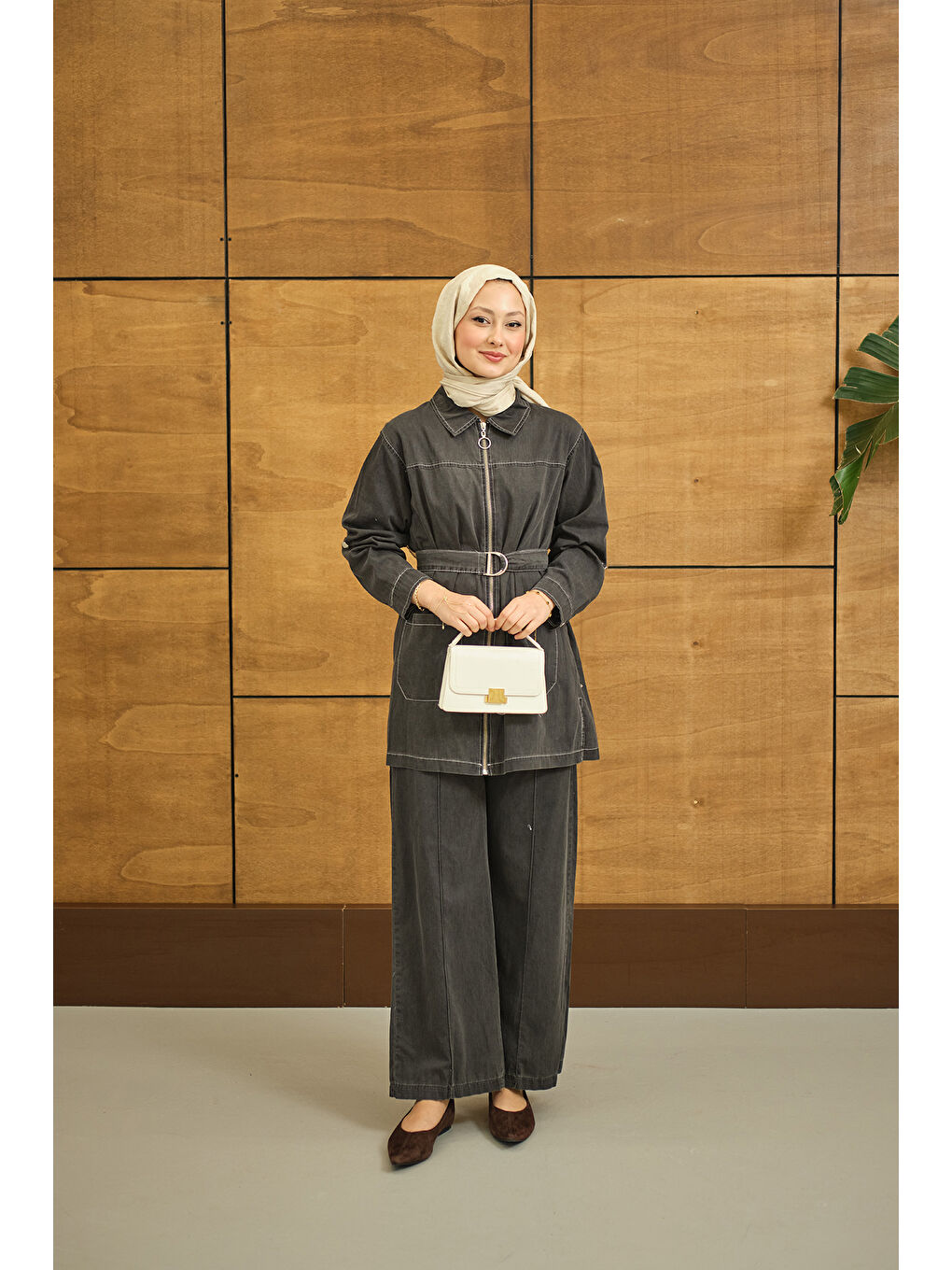 Kadın Gömlek Yaka Fermuarlı Takım Antrasit-1