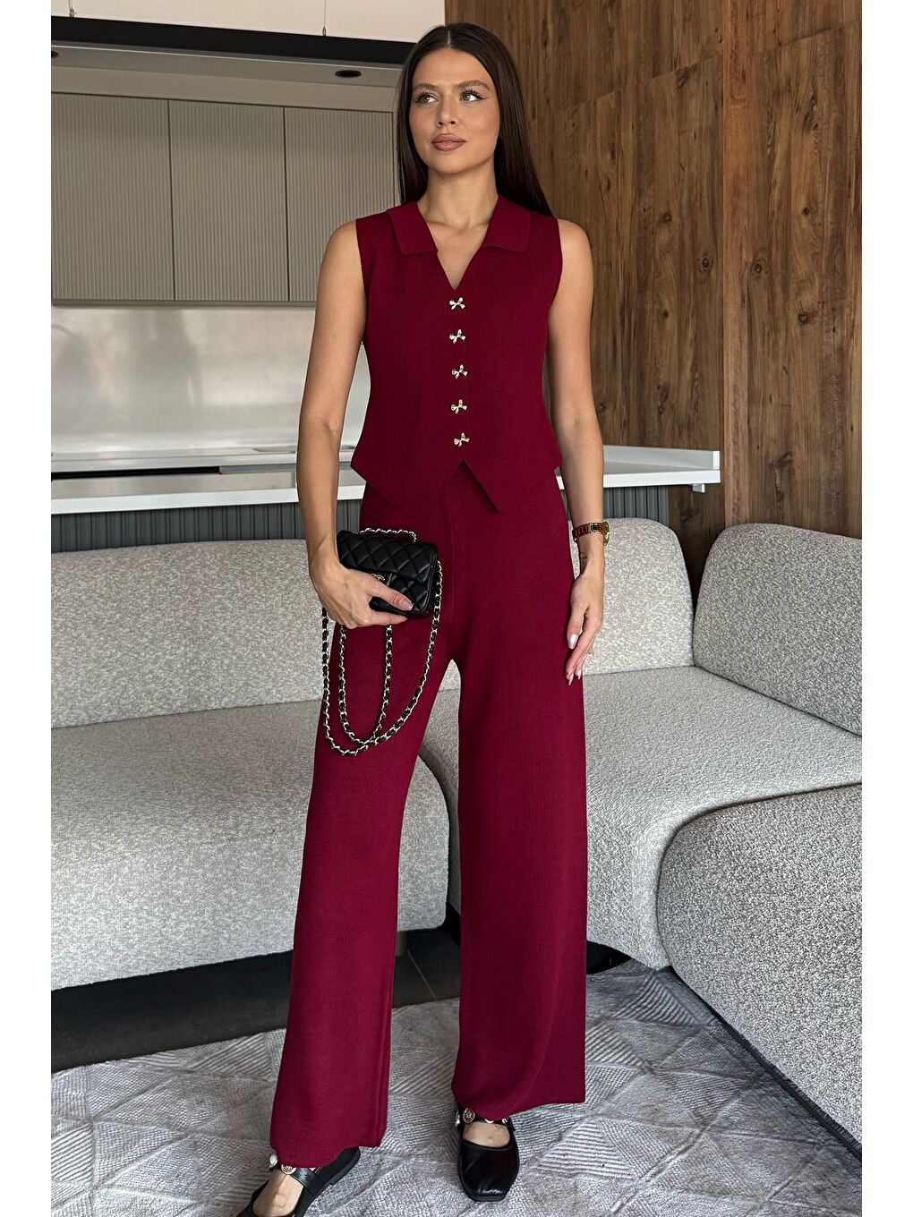 Bordo Gömlek Yaka Yelek Pantolon Triko İkili Takım