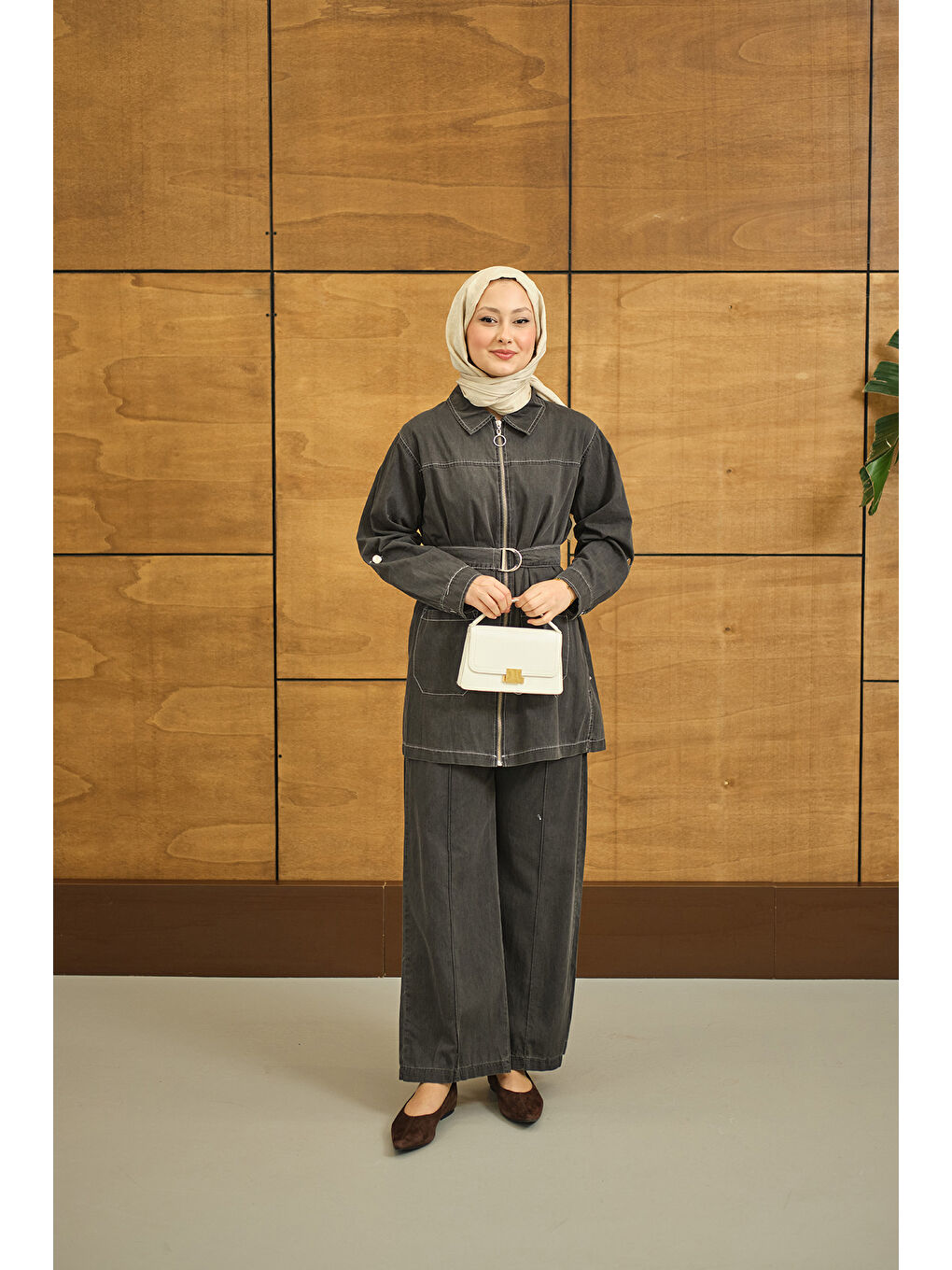 Kadın Gömlek Yaka Fermuarlı Takım Antrasit-2