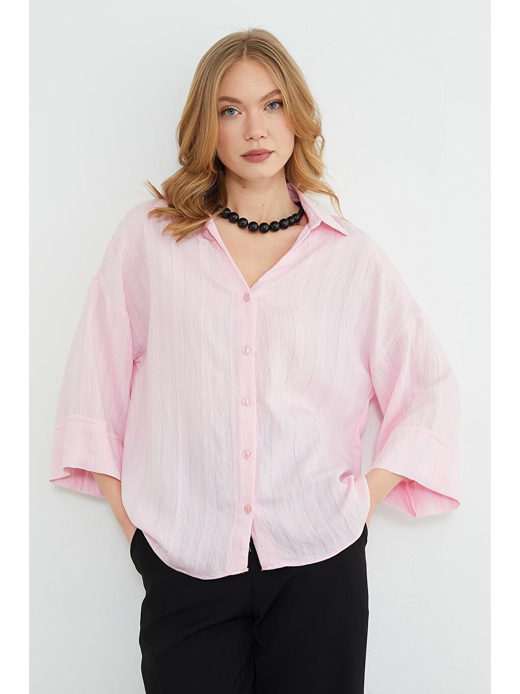 Pembe Çizgili Kapri Kol Salaş Gömlek-3