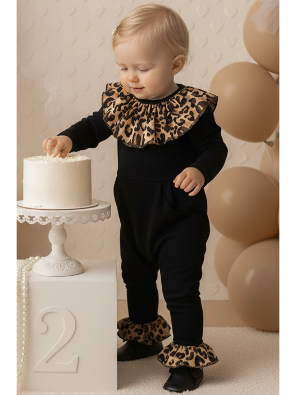 Siyah Kız Çocuk Leopar Yakalı Çıtçıt Detaylı Tulum Salopet-2