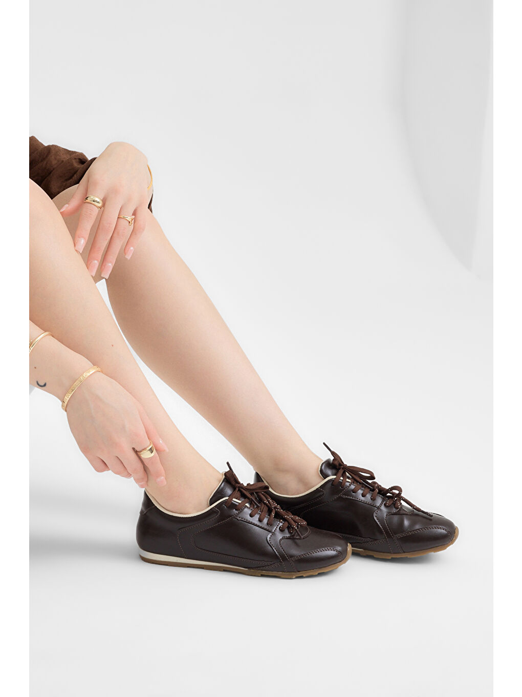 Kahverengi Kadın Kahve Cilt Kauçuk Taban Nefes Alabilen Bağcıklı Sneaker-2
