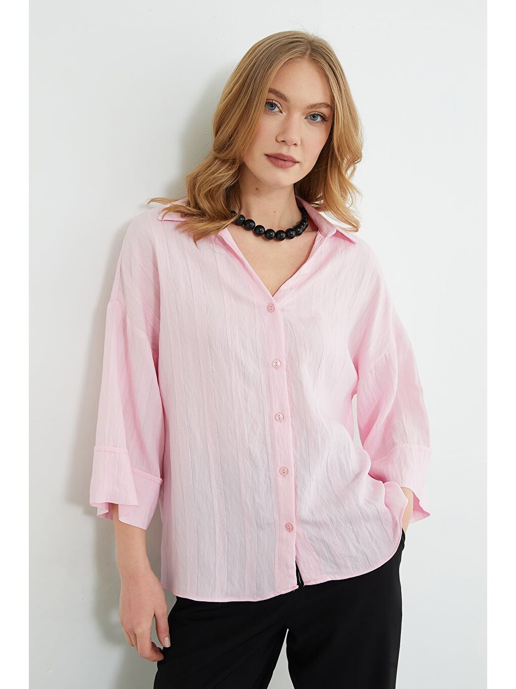 Pembe Çizgili Kapri Kol Salaş Gömlek-4
