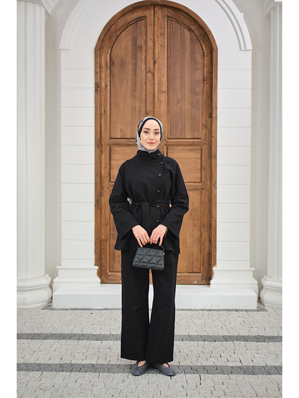 Kadın Boyun Düğme Detay Bel Bağlamalı Jean Takım Siyah-4