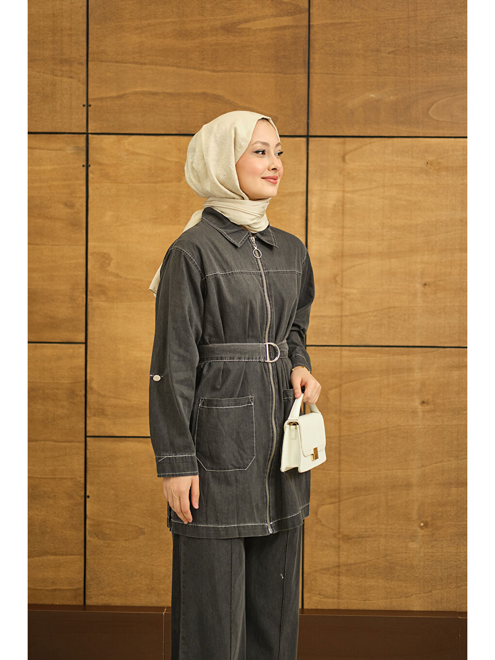 Kadın Gömlek Yaka Fermuarlı Takım Antrasit-4