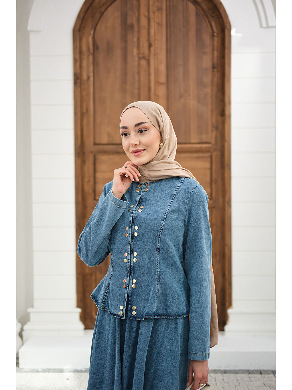 Kadın Çıtçıtlı Bisiklet Yaka Etekli Jean Takım Buz Mavi-1