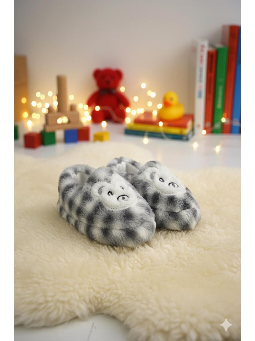 Gri Dama Desenli Kaydırmaz Taban Kreş Ev Okul Ayakkabısı Bebek Çocuk Panduf Ev Botu