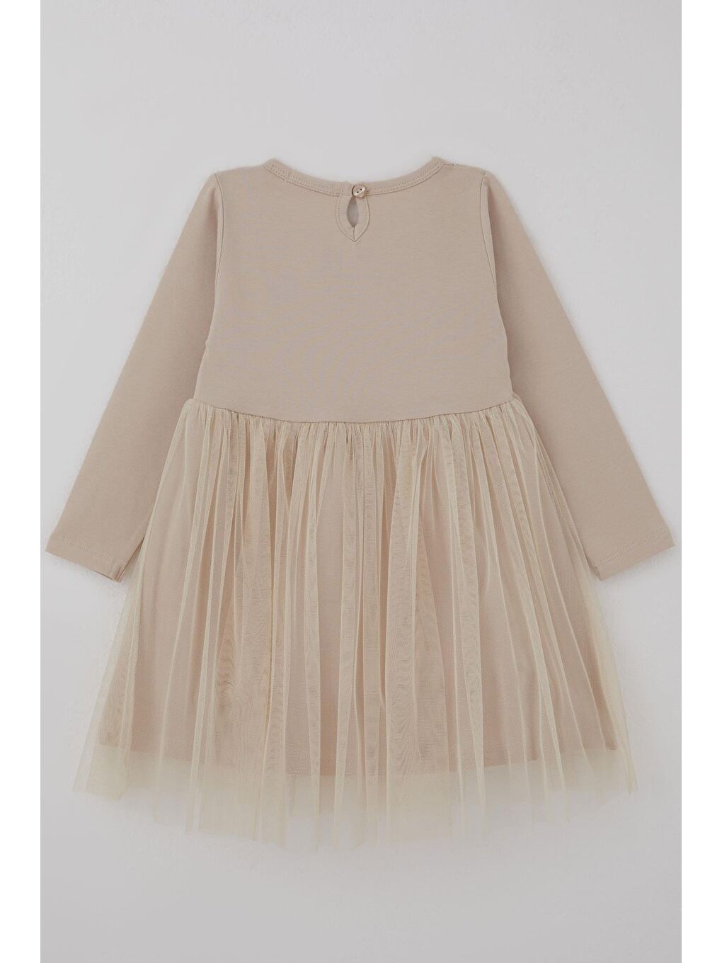 Kız Çocuk Uzun Kollu Elbise Pullu Tüllü Çiçek Aksesuarlı Bej (1.5-5 Yaş)-1