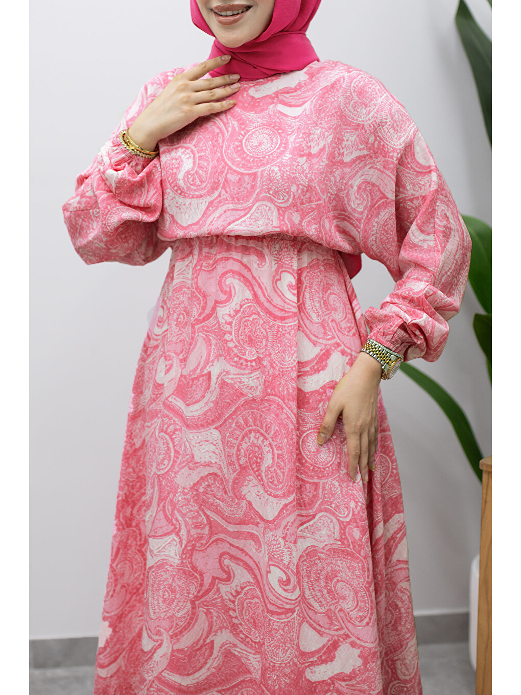 Karışık Desenli Beli Lastikli Elbise Tsd260244 Pembe-4