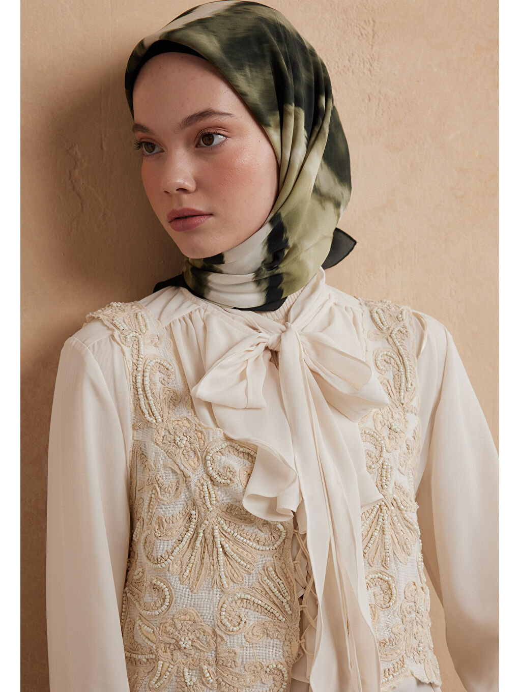 Tıe Dye Desen Pamuk İpek Eşarp Orman Yeşili