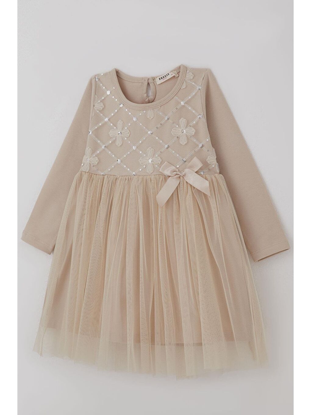 Kız Çocuk Uzun Kollu Elbise Pullu Tüllü Çiçek Aksesuarlı Bej (1.5-5 Yaş)-2