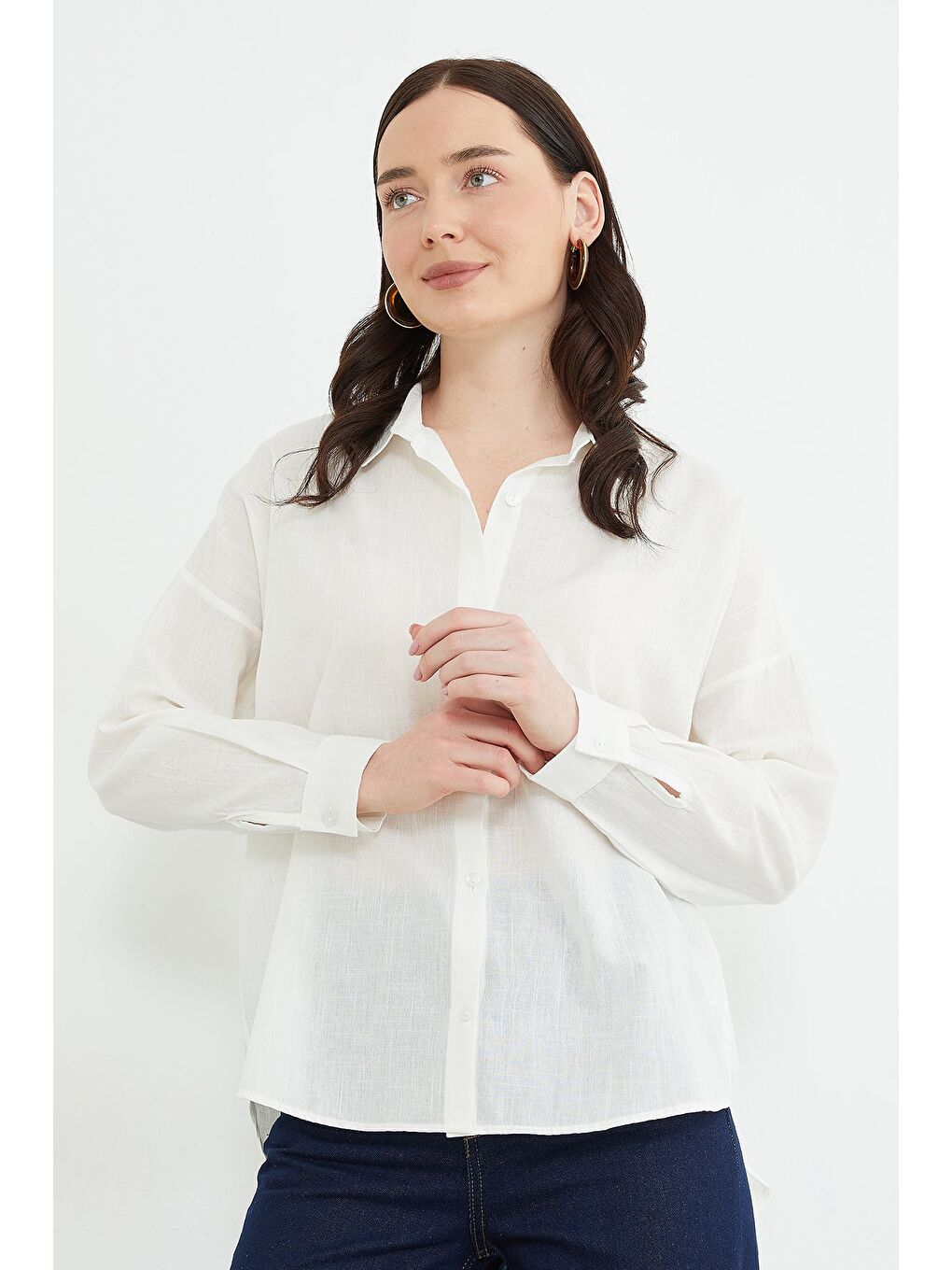Ekru Basic Keten Görünümlü Oversize Gömlek-1