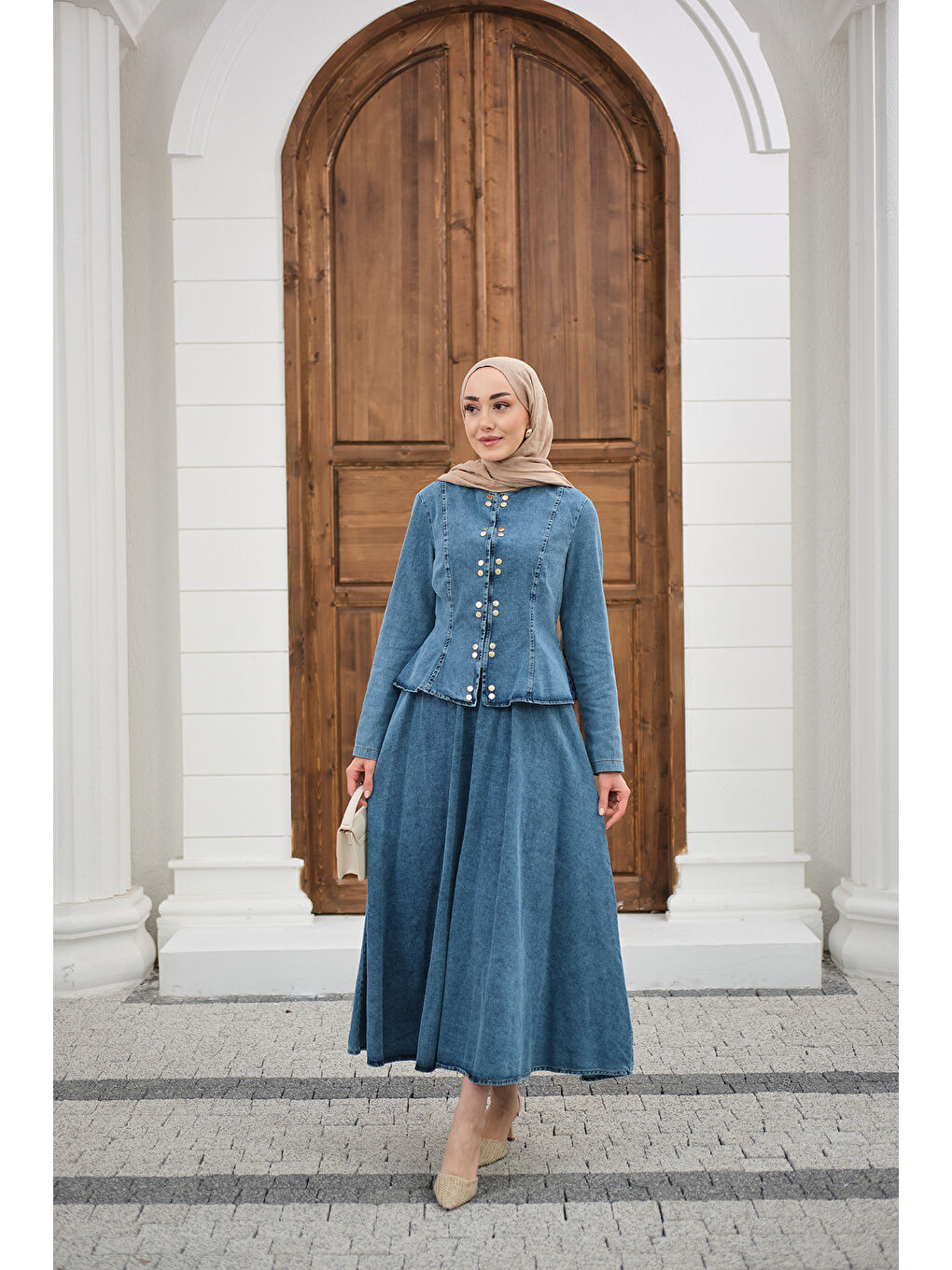 Kadın Çıtçıtlı Bisiklet Yaka Etekli Jean Takım Buz Mavi-2