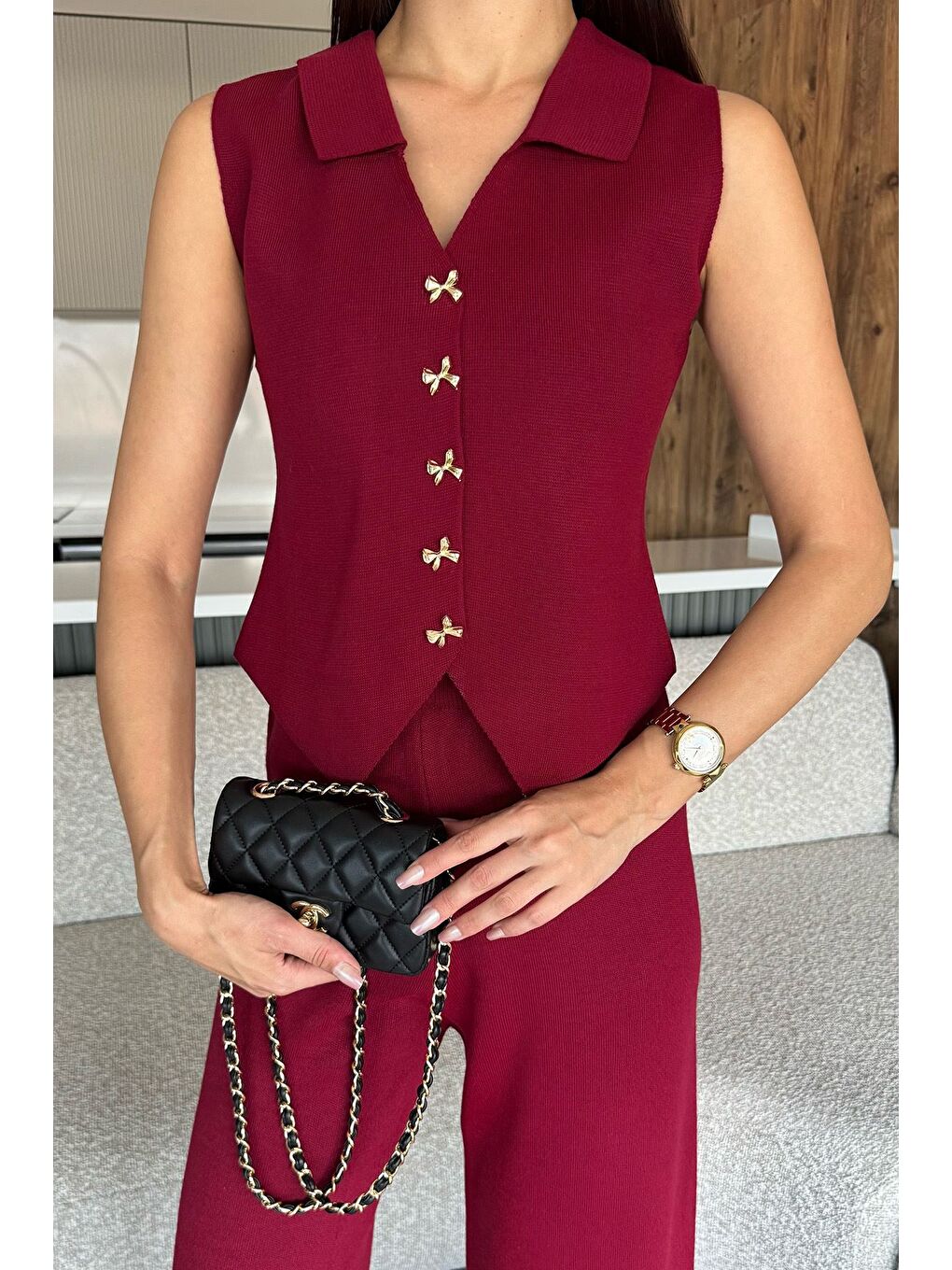 Bordo Gömlek Yaka Yelek Pantolon Triko İkili Takım-1