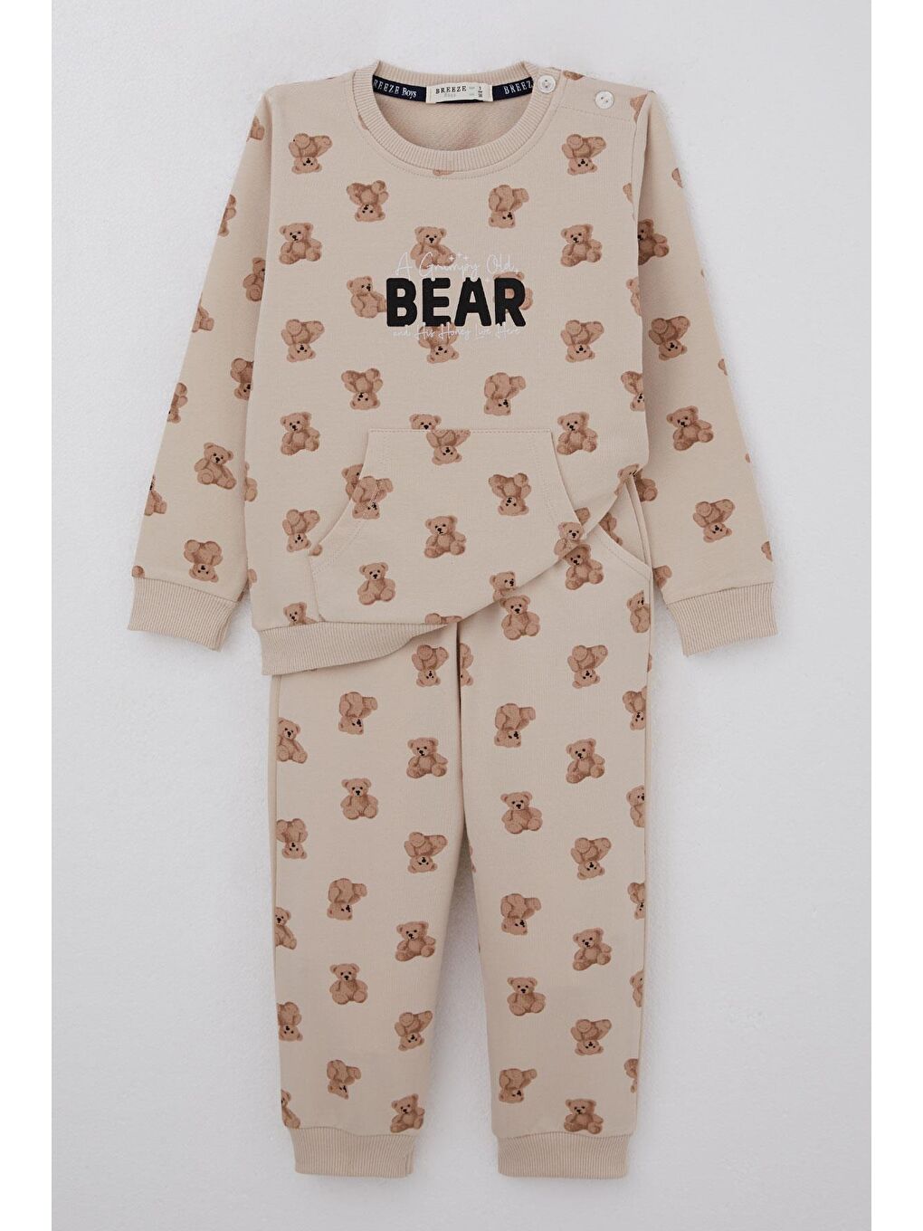 Erkek Bebek Eşofman Takımı Sevimli Ayıcık Desenli Pantolonu Düğme Aksesuarlı Bej (9 Ay-3 Yaş)
