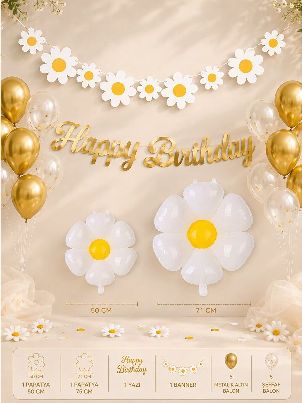 Karışık Papatya Konsept Doğum Günü Süsleme Seti Gold Happy Birthday Yazılı-1