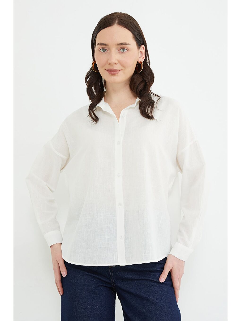 Ekru Basic Keten Görünümlü Oversize Gömlek-2